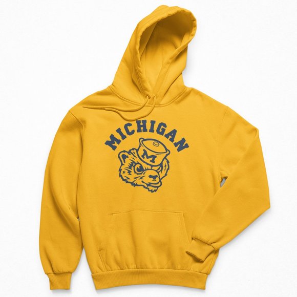 NEW Michigan Wolverines Arch Name Sailor Mascot Fleece Pullover Hoodie GOLDEN - Picture 1 of 2
